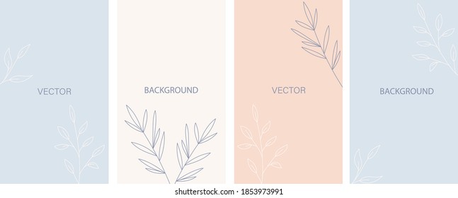 Vector set of pastel backgrounds in minimal style with doodle branch and space for text. Design for social media stories, invitation, card