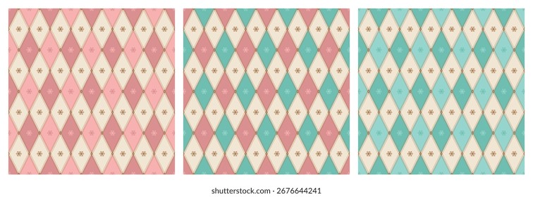 Conjunto Vetor de Pastel Natal Argyle Padrões Sem Costura com Flocos de Neve. Turquesa, Branco, Rosa, Cores Douradas Geométrica Diamante Feriado Fundo