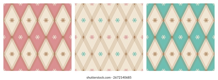 Vektor Set von Pastell Weihnachten Schneeflocke Argyle Nahtlose Muster - Türkis, Rosa, Weiß, Goldene Farben Geometrische Diamant Urlaub Hintergründe
