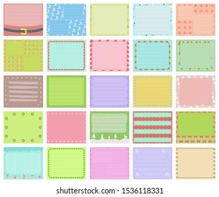 Vector set of pastel Christmas winter gift tags, cute colorful hand drawn illustration, blank label in rectangle frame with doodle pattern for decoration isolated on white