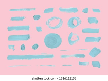 Vector Set of Pastel Color Brush Strokes, Light Pink Background and Light Blue Paint.