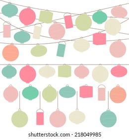 Vector Set of Pastel Colored Holiday Paper Lanterns and Lights