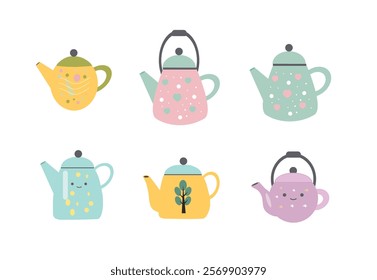 Vector Set of Pastel Colored Teapots – Cute Hand-Drawn Design Collection of Teapots,Cartoon style flat illustration