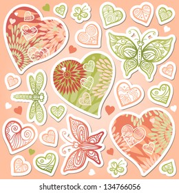 Vector set of pastel colorful hearts, butterflies and dragonfly. Collection of items for scrapbooking.