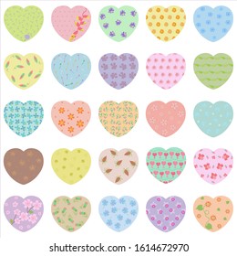 Vector set of pastel gift tags, cute colorful flowers hand drawn illustration, blank label in heart frame with doodle pattern for decoration isolated on white