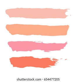 Vector Set Of Pastel Powder Baby Pink, Orange, Coral, Dark Salmon, Apricot Color Hand Painting Watercolor Brush Stroke Textures. Collection Of Geometric Horizontal Lines Isolated On White Background.