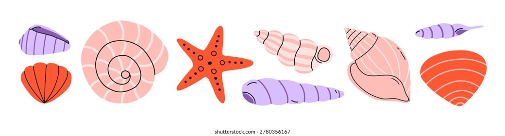 Vector set of pastel sea shell and starfish element on white background. Cute ocean beach souvenir illustration for summer vacation design, tropical marine decorative graphic collection in flat style.