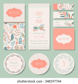 Vector set of pastel tender wedding, baby shower invitation, congratulation cards. Save the date / invitation, Thank you / RSVP, table number, tags, labels