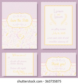 Vector set of pastel tender wedding, baby shower invitation, congratulation cards with swirl, chevron. Save the date / invitation, Thank you / RSVP