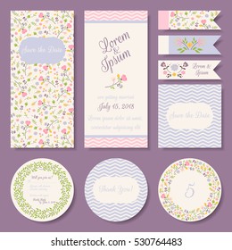 Vector set of pastel tender wedding, baby shower invitation, congratulation cards. Save the date / invitation, Thank you / RSVP, table number, tags, labels