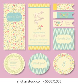 Vector set of pastel tender wedding, baby shower invitation, congratulation cards. Save the date / invitation, Thank you / RSVP, table number, tags, labels