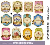 vector set: pastel-colored labels with golden elements - 12 items