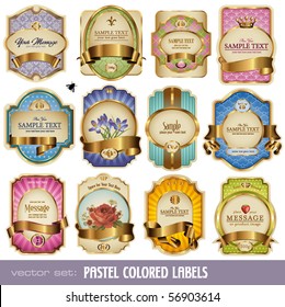 vector set: pastel-colored labels with golden elements - 12 items