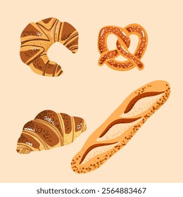 Vector set of pastries, pretzel, bun, loaf, bread, croissant