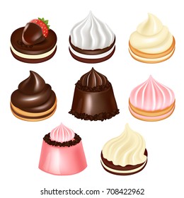 Vector set of pastry or confectionery with chocolate, fruit whipped cream, chocolate dipped strawberry. Realistic color tasty sweet desserts isolated on white background.