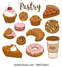 Vector set with pasty goods. Baked tasty food and coffee. Cupcake, pie, cinnamon roll, bun, croissant, muffin, cookie