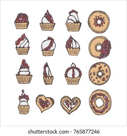 Vector set with pasty goods. Baked tasty food and coffee. Design elements, sketch illustrations. Cupcake, pie, cinnamon roll, bun, croissant, muffin, cookie