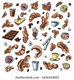 Conjunto vectorial con ilustraciones de productos pastosos. La comida y el café son deliciosos.