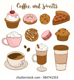 Vector set with pasty goods illustrations. Tasty food and coffee. Cupcake, pie, cinnamon roll, bun, croissant, muffin, cookie