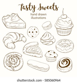 Vector set with pasty goods sketches illustrations. Cupcake, pie, cinnamon roll, bun, croissant, muffin, cookie
