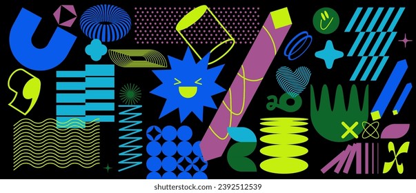 Vector set patches or signs with geometric shapes. Social media banner with brutalist design, futuristic composition, groowy