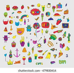 Vector set of patches and stickers. Hand drawn. Fashion cute comic illustration. Pop-art style.