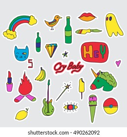 Vector set of patches and stickers. Hand drawn. Fashion cute comic illustration. Pop-art style.