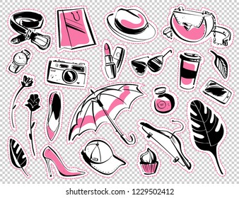 Vector set of patches & stickers with modern lady fashion accessory - shoes, glasses, cosmetics, aroma, monstera leaves, shopping bag, smartphone isolated on white background. Hand drawn sketch style.