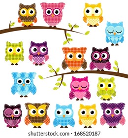 Vector Set of Patchwork Or Quilt Style Owls and Branches