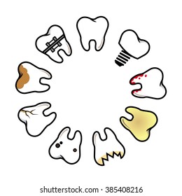 vector set of pathological teeth in a circle on a white background