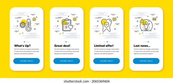 Vector Set Of Patient History, Thermometer And Dental Insurance Line Icons Set. UI Phone App Screens With Line Icons. Social Distance Icon. Medical Survey, Covid Temperature, Oral Medicine. Vector