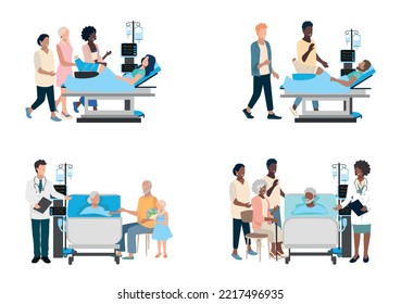 Vector set of patients, doctors and visitors of different ages and nationalities. The joy of meeting with loved ones. The doctor reports that the patient is recovering.