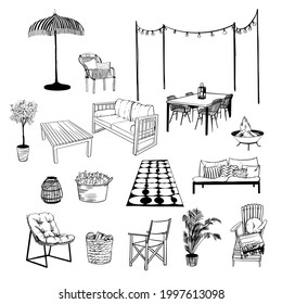 Vector set of patio scenario.Sketch illustration