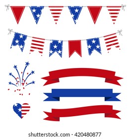 Vector Set of Patriotic Bunting, flags, ribbons, fireworks for Independence Day, on July 4.