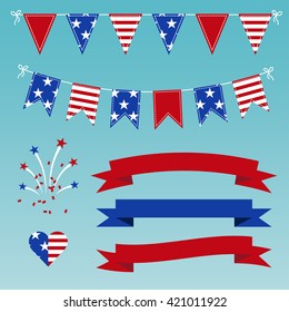 Vector Set of Patriotic Bunting, flags, ribbons, fireworks for Independence Day, on July 4.