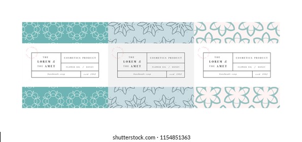 Vector set pattens for cosmetics with label template design. Patterns or wrapping paper for package and beauty salons. Botanical collection. Organic, natural cosmetic