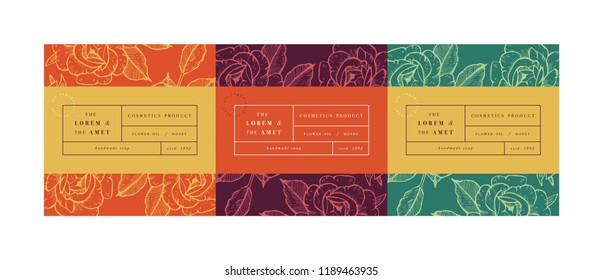 Vector set pattens for cosmetics with label template design. Patterns or wrapping paper for package and beauty salons. Botanical collection. Organic, natural cosmetic