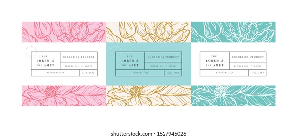 Vector set pattens for cosmetics with label template design. Patterns or wrapping paper for package and beauty salons. Magnolia flowers. Organic, natural cosmetic