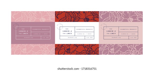 Vector set pattens for cosmetics with label template design. Patterns or wrapping paper for package and beauty salons. Lotus flowers. Organic, natural cosmetic