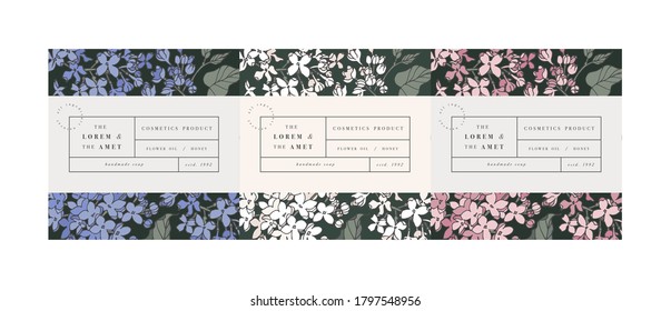 Vector set pattens for cosmetics with label template design. Patterns or wrapping paper for package and beauty salons. Lilac flowers. Organic, natural cosmetic