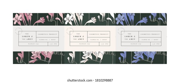 Vector set pattens for cosmetics with label template design. Pattern or wrapping paper for package and beauty salons. Freesia flowers. Organic, natural cosmetic