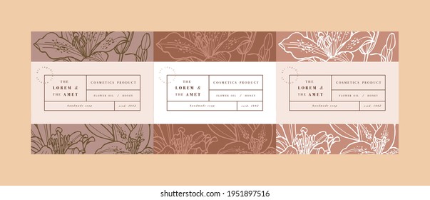 Vector set pattens for cosmetics with label template design. Patterns or wrapping paper for package and beauty salons. Calla lily flowers. Organic, natural cosmetic