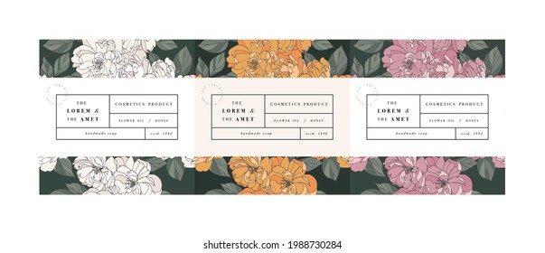 Vector set pattens for cosmetics with label template design. Patterns or wrapping paper for package and beauty salons. Botanical collection. Organic, natural cosmetic