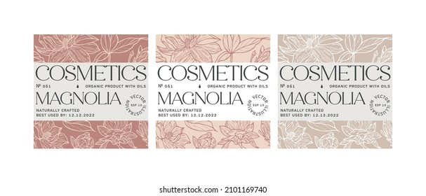 Vector set pattens for cosmetics with label template design. Patterns or wrapping paper for package and beauty salons. Magnolia flowers. Organic, natural cosmetic