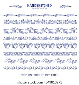 Vector set of pattern brush or dividers in vintage style. Vine, grapes, wine, arrows, bottles, wave ivy, candles, glass, leaves elements. Hand drawn art, blue watercolor style. Brushes included
