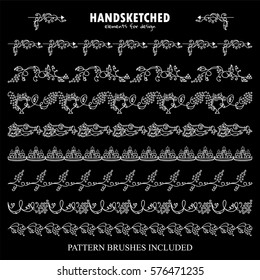 Vector set of pattern brush or dividers in vintage style. Vine, grapes, wine, arrows, bottles, wave ivy, candles, glass, leaves elements. Hand drawn art, chalkboard style. Brushes included