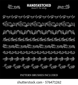 Vector set of pattern brush or dividers in vintage style. Vine, grapes, wine, arrows, bottles, wave ivy, candles, glass, leaves elements. Hand drawn art, chalkboard style. Brushes included