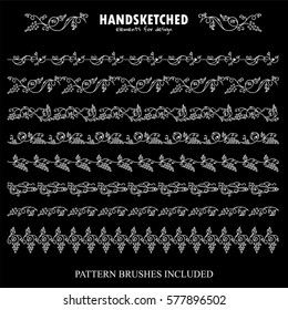 Vector set of pattern brush or dividers in vintage style. Vine, grapes, wine, arrows, bottles, wave ivy, candles, glass, leaves elements. Hand drawn art, chalkboard style. Brushes included