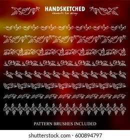 Vector set of pattern brush or dividers in vintage style. Vine, grapes, wine, arrows, bottles, wave ivy, candles, glass, leaves elements. Hand drawn art, white ink line. Brushes included 