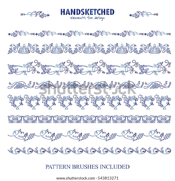 Vector set of pattern brush or dividers in
vintage style. Vine, grapes, wine, arrows, bottles, wave ivy,
candles, glass, leaves elements. Hand drawn art, blue watercolor
style. Brushes included
